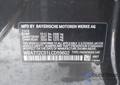 2020 BMW 740I from USA, damaged, VIN WBA7T2C01LCD59602